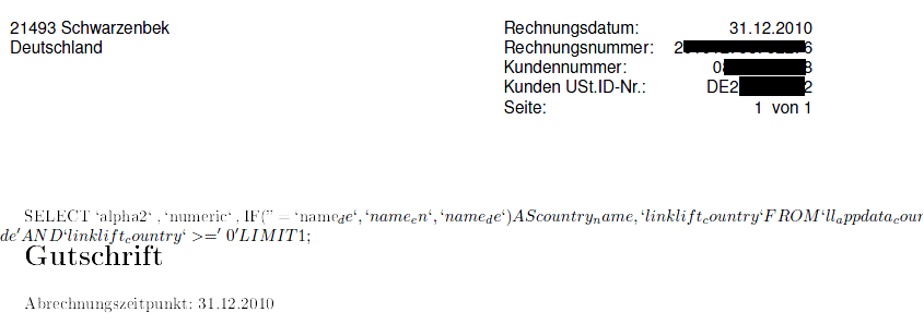 Gutschrift mit SQL-Code